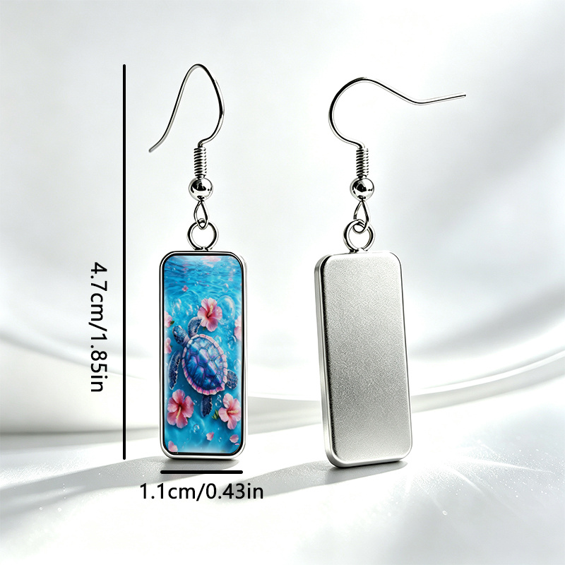 Unisex Underwater Sea Turtle Hibiscus Flower Rectangle Earrings